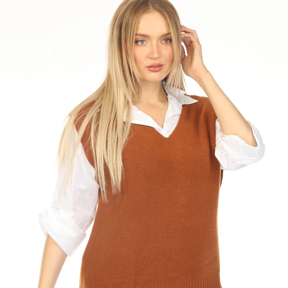 Camel & White Scholar Sweater Top Vest